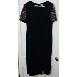 Vintage Liz Claiborne Womens Sz 14 Sheath Dress Black Beaded Sleeves Front Slit